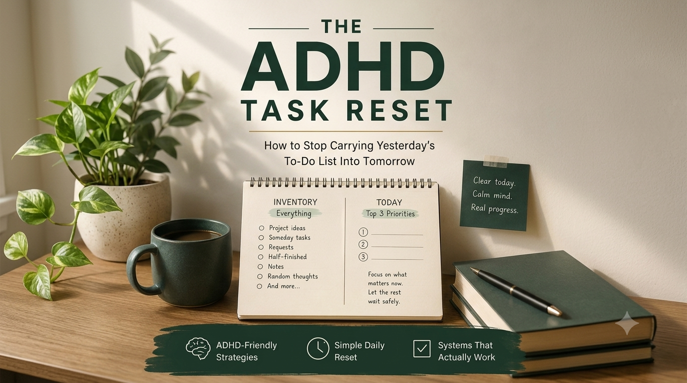 The ADHD Task Reset — book cover showing an Inventory list beside a Today's Top 3 Priorities list