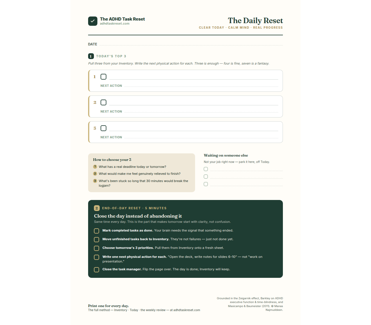 Preview of the ADHD Daily Reset printable: Today's Top 3 with next-action lines, how-to-choose questions, a waiting-on list, and a 5-minute end-of-day reset checklist.